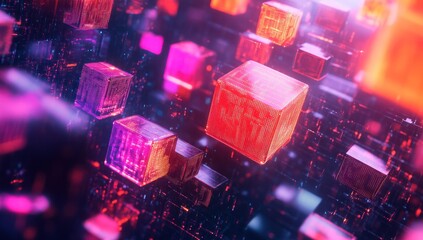 Poster - Abstract 3D Composition of Cubes with Glowing Lines