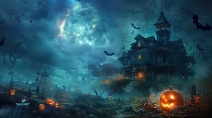 Wall Mural - a halloween background featuring a spooky night scene with a haunted house, glowing jack-o'-lanterns
