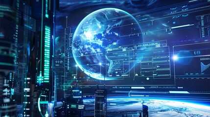 Wall Mural - Futuristic Earth Control Center with Data Display and Holographic Globe.