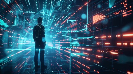 Wall Mural - Silhouette of a Man Standing in a Futuristic Digital World.