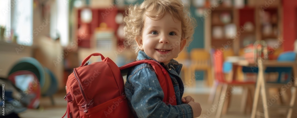 Excited Child Holding a New Backpack in a Classroom, Back to School ...