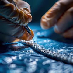 Canvas Print - A close-up of a gloved hand using a tool to work on a small object. AI.