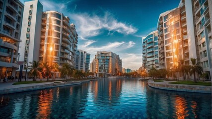 Wall Mural - Modern buildings reflect in a calm pool of water. AI.