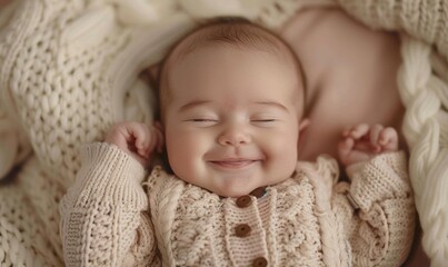 Wall Mural - A smiling baby in a knitted sweater. AI.