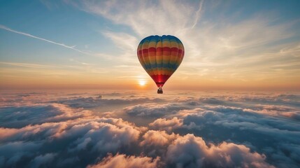 Wall Mural - A colorful hot air balloon soars high above the clouds at sunset. AI.