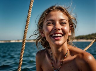 Poster - A woman smiles brightly as she looks out at the water. AI.