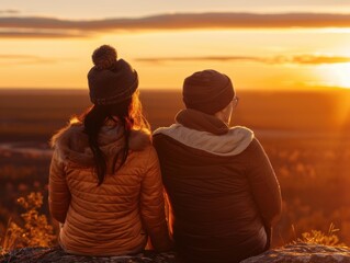 Poster - Two people sit together watching the sunset. AI.