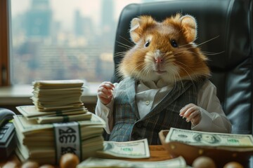 Poster - A hamster dressed in a suit sits at a desk with stacks of money. AI.