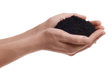 Wall Mural - Woman holding pile of soil on white background, closeup