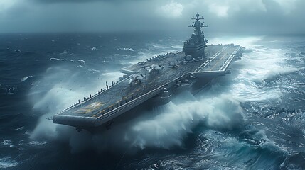 a dynamic scene of an aircraft carrier sailing in the open sea with vehicle design elements
