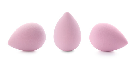 collage with pink makeup sponge isolated on white