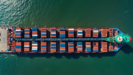 A cargo ship laden with colorful containers at sea