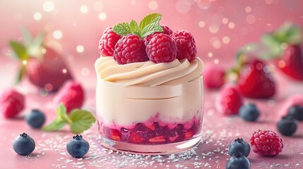 Delicious Dessert with Raspberries and Cream in a Glass - Food Photography