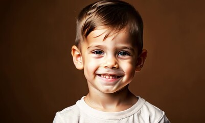 Wall Mural - Portrait of a cute little boy on a brown backgroundStudio shot.