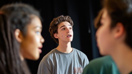 A dynamic and vibrant scene in a high school drama class where students are rehearsing for a play, each person playing a different role, the teacher directing and offering feedback, the room filled