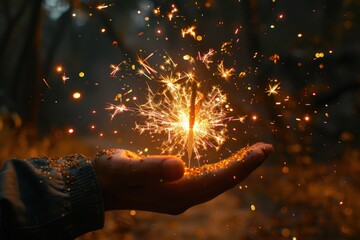 Wall Mural - Independence Day Sparkler: Celebrating with the USA Flag on Wooden Background