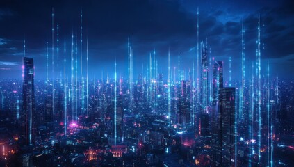 Poster - Futuristic Cityscape with Digital Light Beams