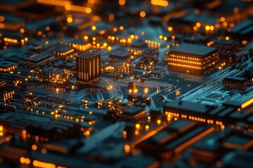 Poster - Close-up of a Circuit Board with Glowing Lights