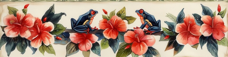 Canvas Print - Tropical Floral Border with Parrots and Hibiscus Flowers in Vibrant Red and Green Colors - Ideal for Home Decor and Craft Projects