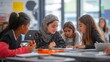 © keetazalay - A vibrant and inclusive classroom where students of various backgrounds are engaged in a collaborative project, with a teacher facilitating and encouraging discussion, showcasing the dynamic nature
