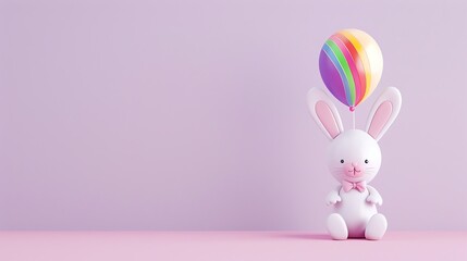 Canvas Print - A cute cartoon bunny with a rainbow balloon on a pink background.