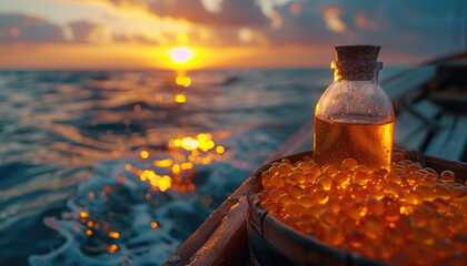 Wall Mural - Golden Sunset Sea with Amber Bottle and Beads