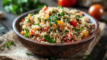 Wall Mural - A bowl of quinoa salad with tomatoes, cucumbers, and herbs.
