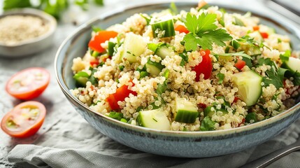 Wall Mural - A bowl of quinoa salad with tomatoes, cucumber, and herbs.