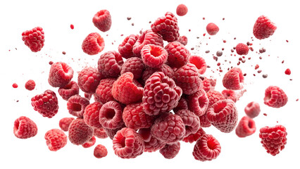 Explosion of raspberries on transparent background