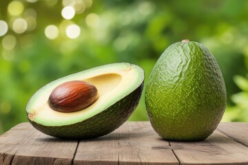 Wall Mural - Avocado on a wooden table over a blurry nature background