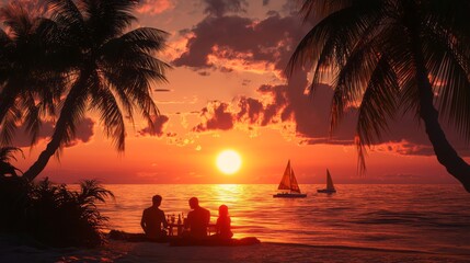 Adorable 3D Family Beach Picnic with Palm Trees - Stock Image