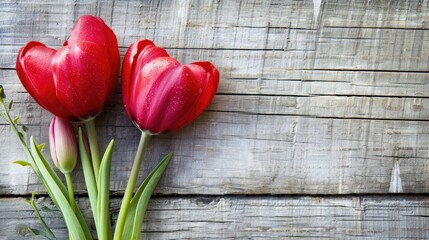 Wall Mural - Red heart two pink tulips on wooden backdrop Space for fashion or love text