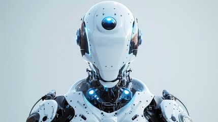 Poster - A white humanoid robot with a glowing blue eye looks at the camera.