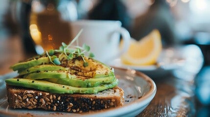 Wall Mural - An avocado toast with sprouts on top in a cafe setting.