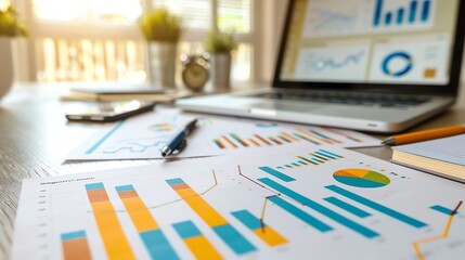 Poster - A desk with graphs, pens, a laptop and a notebook.