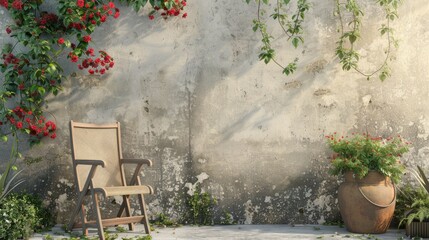 Wall Mural - Vintage home wall with climbing flowers and mud pot near a garden chair