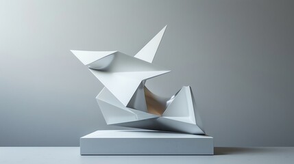 Poster - A white abstract sculpture with a geometric shape on a white platform.
