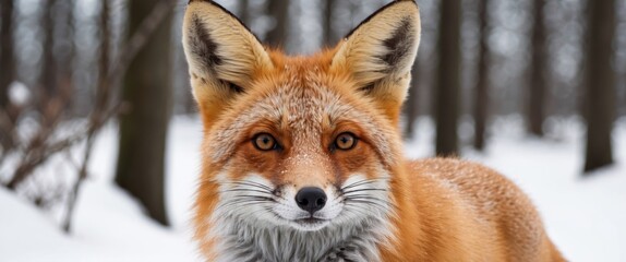 Closeup of a red fox face, showcasing alert ears and intelligent expression