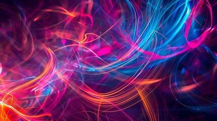 Poster - Abstract light trails in pink, blue, and orange, with a dark background.