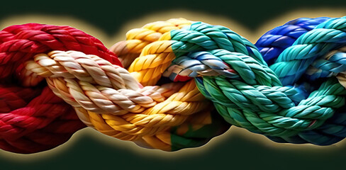 Team rope diverse strength connect partnership together teamwork unity communicate support. Strong diverse network rope team concept integrate braid color background cooperation empower power.