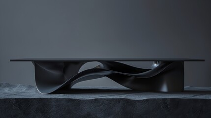 A modern, abstract black table with a wave-like design.