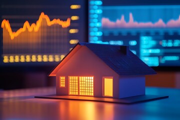 Poster - Illuminated House Model Against Stock Market Charts