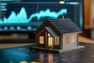 Poster - A Miniature House With Lights On, Sitting On A Shiny Surface, With A Computer Screen Showing A Blue Line Graph In The Background