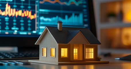 Poster - Miniature House with Illuminated Windows in Front of a Computer Screen Showing Stock Market Data