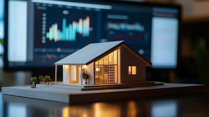 Poster - Illuminated Model House on a Desk with a Computer Screen in the Background