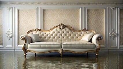 Poster - The Weight of Water: A Heavy, Ornate Couch Suspended in a Formal Room  Generative AI