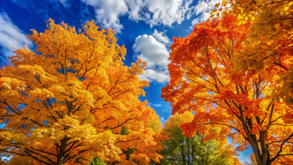 Vibrant orange and yellow leaves of deciduous trees contrast against a bright blue sky on a warm Indian summer day in early autumn.