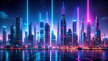 Wall Mural - Neon Symphony: A Futuristic Cyberpunk Skyline  Generative AI