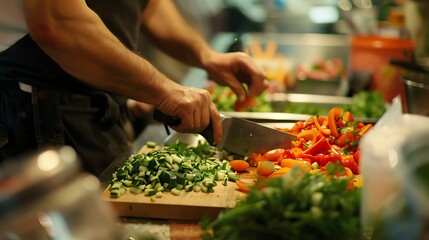 Wall Mural - A chef chopping vegetables on a wooden cutting board in a kitchen.