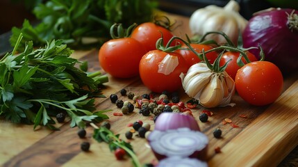 Poster - Fresh vegetables and spices on a cutting board.